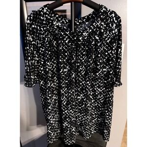 Apt 9 Women's XXL Black White Abstract Print Tie Neck Boho Blouse